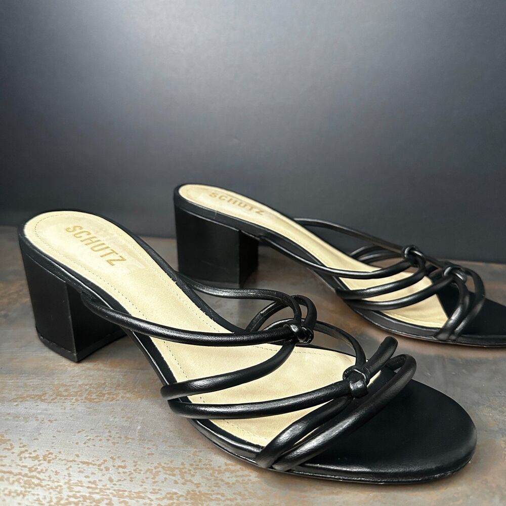 Schutz Mid Heel Slide Sandal 8.5 Minimalist Strappy Dressy Formal Black Princey